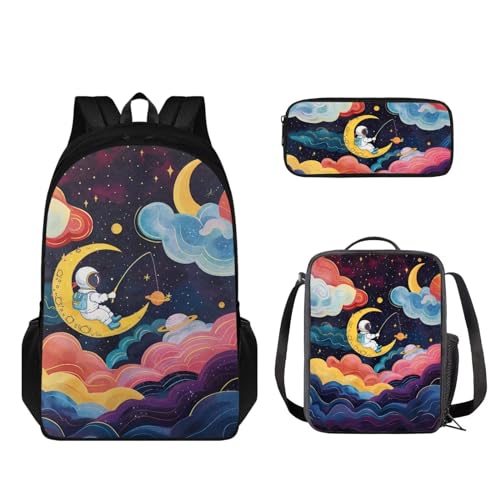 STUOARTE 3-teiliges Kinder-Rucksack-Set, Rucksack und Lunchbox-Set, Schüler-Büchertasche mit Stiftebox, Galaxy-Astronaut, mehrfarbig, Einheitsgröße, Kinderrucksack von STUOARTE