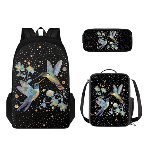 STUOARTE 3-teiliges Kinder-Rucksack-Set, Rucksack und Lunchbox-Set, Schüler-Büchertasche mit Stiftebox, Kolibri-Blume, Schwarz, Einheitsgröße, Schulranzen-Set von STUOARTE