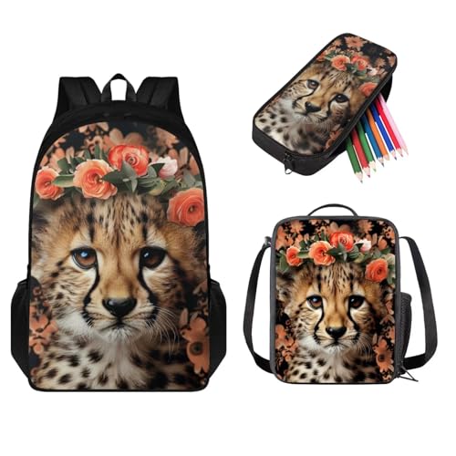 STUOARTE 3-teiliges Kinder-Rucksack-Set, Rucksack und Lunchbox-Set, Schüler-Büchertasche mit Stiftebox, Leopardenblume, Braun, Einheitsgröße, Schulranzen-Set von STUOARTE