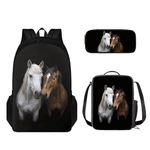 STUOARTE 3-teiliges Kinder-Rucksack-Set, Rucksack und Lunchbox-Set, Schüler-Büchertasche mit Stiftebox, Pferd - Schwarz und Weiß, Einheitsgröße, Kinderrucksack von STUOARTE