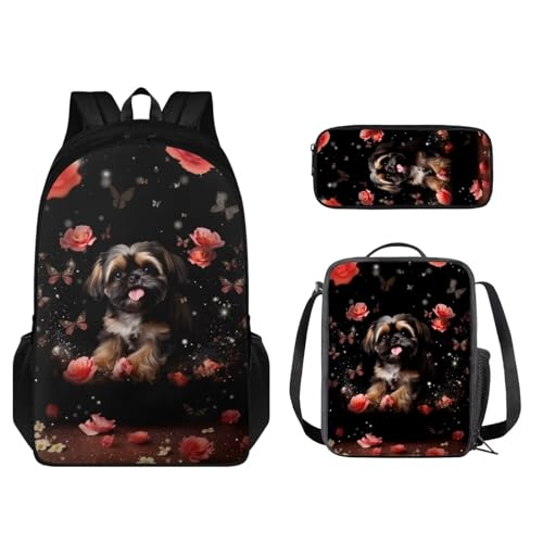 STUOARTE 3-teiliges Kinder-Rucksack-Set, Rucksack und Lunchbox-Set, Schüler-Büchertasche mit Stiftebox, Shih Tzu Blume, Schwarz und Rot, Einheitsgröße, Schulranzen-Set von STUOARTE