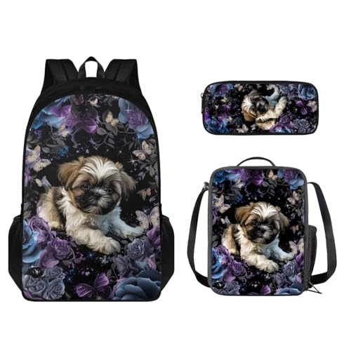 STUOARTE 3-teiliges Kinder-Rucksack-Set, Rucksack und Lunchbox-Set, Schüler-Büchertasche mit Stiftebox, Shih Tzu Blume, Violett, Einheitsgröße, Kinderrucksack von STUOARTE