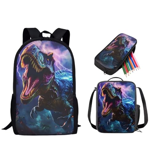 STUOARTE 3-teiliges Kinder-Rucksack-Set, Schulrucksack mit Lunch-Tasche, Federmäppchen, 43,2 cm, Schulbuchtasche für Jungen und Mädchen, 3D-Dinosaurier, mehrfarbig, Einheitsgröße, Tagesrucksäcke von STUOARTE