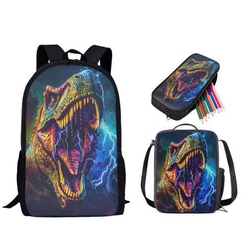 STUOARTE 3-teiliges Kinder-Rucksack-Set, Schulrucksack mit Lunch-Tasche, Federmäppchen, 43,2 cm, Schulbuchtasche für Jungen und Mädchen, 3D-Dinosaurier-Lightning, mehrfarbig, Einheitsgröße, von STUOARTE