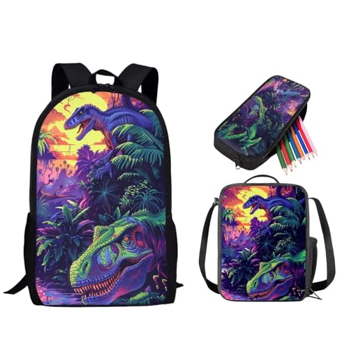 STUOARTE 3-teiliges Kinder-Rucksack-Set, Schulrucksack mit Lunch-Tasche, Federmäppchen, 43,2 cm, Schulbuchtasche für Jungen und Mädchen, Dinosaurier, Grün und Violett, Einheitsgröße, Reiserucksäcke von STUOARTE