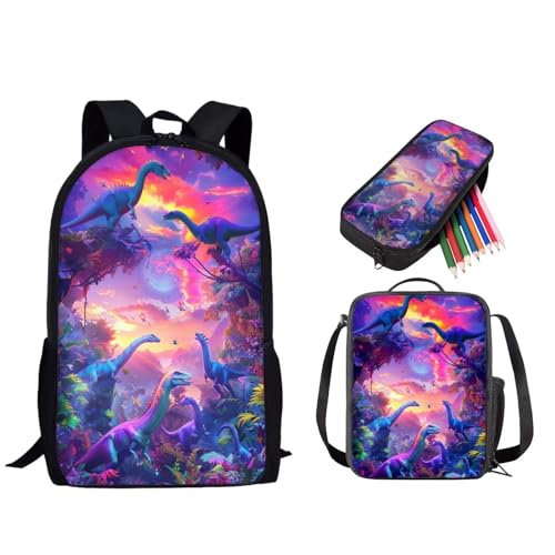 STUOARTE 3-teiliges Kinder-Rucksack-Set, Schulrucksack mit Lunch-Tasche, Federmäppchen, 43,2 cm, Schulbuchtasche für Jungen und Mädchen, Dinosaurier, Violett, Einheitsgröße, Tagesrucksäcke von STUOARTE