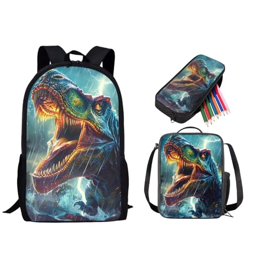 STUOARTE 3-teiliges Kinder-Rucksack-Set, Schulrucksack mit Lunch-Tasche, Federmäppchen, 43,2 cm, Schulbuchtasche für Jungen und Mädchen, Dinosaurier, mehrfarbig, Einheitsgröße, Rucksack, Rucksäcke von STUOARTE