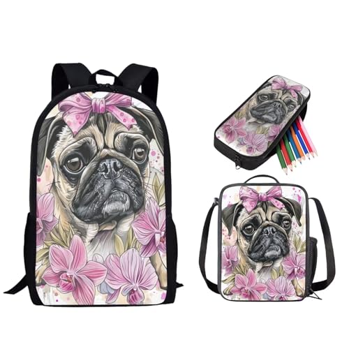 STUOARTE 3-teiliges Kinder-Rucksack-Set, Schulrucksack mit Lunch-Tasche, Federmäppchen, 43,2 cm, Schulbuchtasche für Jungen und Mädchen, Mopsblume, Rosa, Einheitsgröße, Reiserucksäcke von STUOARTE