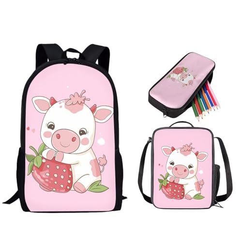 STUOARTE 3-teiliges Kinder-Rucksack-Set, Schulrucksack mit Lunch-Tasche, Federmäppchen, 43,2 cm, Schulbuchtasche für Jungen und Mädchen, Rindererdbeere, Rosa und Weiß, Einheitsgröße, Tagesrucksäcke von STUOARTE