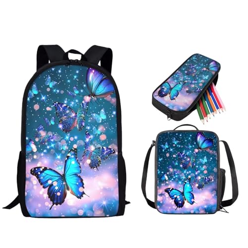 STUOARTE 3-teiliges Kinder-Rucksack-Set, Schulrucksack mit Lunch-Tasche, Federmäppchen, 43,2 cm, Schulbuchtasche für Jungen und Mädchen, Schmetterling / Blau, Einheitsgröße, Rucksack, Rucksäcke von STUOARTE