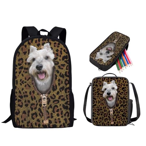 STUOARTE 3-teiliges Kinder-Rucksack-Set, Schulrucksack mit Lunch-Tasche, Federmäppchen, 43,2 cm, Schulbuchtasche für Jungen und Mädchen, Schnauzer Leopard - Braun, Einheitsgröße, Reiserucksäcke von STUOARTE