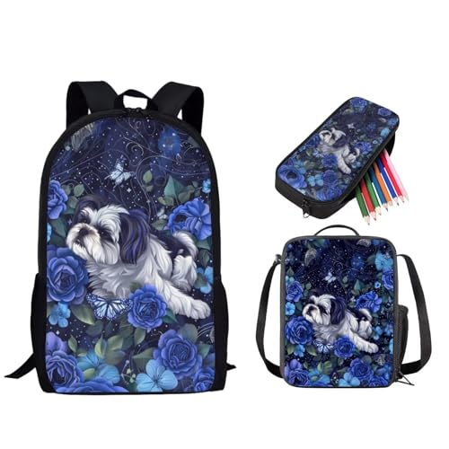 STUOARTE 3-teiliges Kinder-Rucksack-Set, Schulrucksack mit Lunch-Tasche, Federmäppchen, 43,2 cm, Schulbuchtasche für Jungen und Mädchen, Shih Tzu Blume, Blau, Einheitsgröße, Reiserucksäcke von STUOARTE