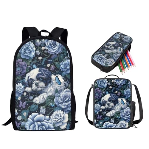 STUOARTE 3-teiliges Kinder-Rucksack-Set, Schulrucksack mit Lunch-Tasche, Federmäppchen, 43,2 cm, Schulbuchtasche für Jungen und Mädchen, Shih Tzu Blumenschmetterling, Blau, Einheitsgröße, von STUOARTE