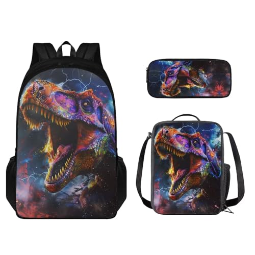 STUOARTE 3-teiliges Kinder-Rucksack-Set, leichtes Büchertaschen-Set mit Lunchbox, Federmäppchen, Jungen und Mädchen, Schulrucksack, 3D-Dinosaurier, mehrfarbig, Einheitsgröße, Kinderrucksack von STUOARTE