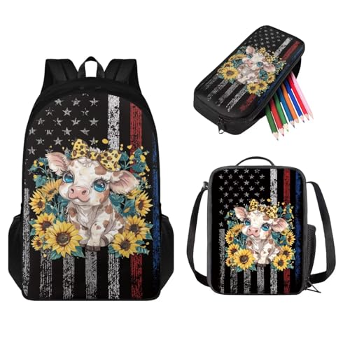 STUOARTE 3-teiliges Kinder-Rucksack-Set, leichtes Büchertaschen-Set mit Lunchbox, Federmäppchen, Jungen und Mädchen, Schulrucksack, Amerikanische Flagge mit Rinder-Sonnenblumen, Schwarz und Gelb, von STUOARTE