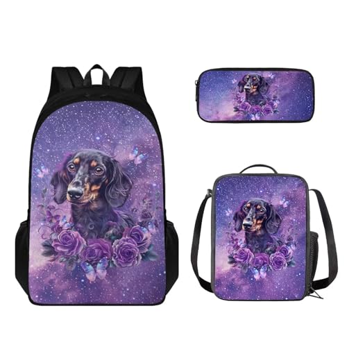 STUOARTE 3-teiliges Kinder-Rucksack-Set, leichtes Büchertaschen-Set mit Lunchbox, Federmäppchen, Jungen und Mädchen, Schulrucksack, Dackel Blume Schmetterling - Lila, Einheitsgröße, Schulranzen-Set von STUOARTE