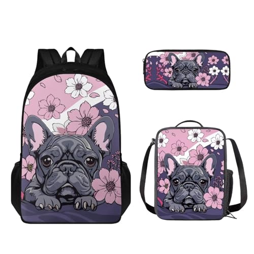 STUOARTE 3-teiliges Kinder-Rucksack-Set, leichtes Büchertaschen-Set mit Lunchbox, Federmäppchen, Jungen und Mädchen, Schulrucksack, Französische Bulldogge Kirschblüte – Rosa und Grau, Einheitsgröße, von STUOARTE