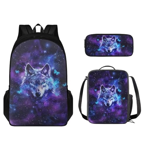 STUOARTE 3-teiliges Kinder-Rucksack-Set, leichtes Büchertaschen-Set mit Lunchbox, Federmäppchen, Jungen und Mädchen, Schulrucksack, Galaxy Wolf Butterfly - Blau, Einheitsgröße, Kinderrucksack von STUOARTE