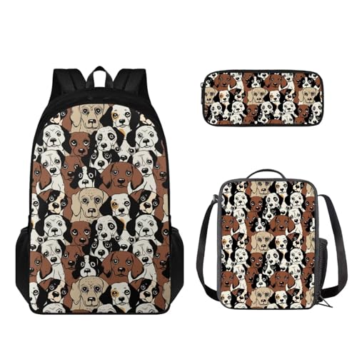 STUOARTE 3-teiliges Kinder-Rucksack-Set, leichtes Büchertaschen-Set mit Lunchbox, Federmäppchen, Jungen und Mädchen, Schulrucksack, Hund – mehrfarbig, Einheitsgröße, Kinderrucksack von STUOARTE