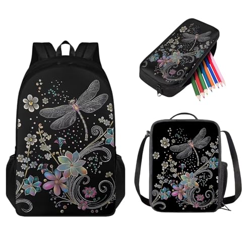 STUOARTE 3-teiliges Kinder-Rucksack-Set, leichtes Büchertaschen-Set mit Lunchbox, Federmäppchen, Jungen und Mädchen, Schulrucksack, Libellen-Blume, Schwarz, Einheitsgröße, Schulranzen-Set von STUOARTE