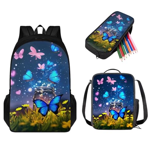 STUOARTE 3-teiliges Kinder-Rucksack-Set, leichtes Büchertaschen-Set mit Lunchbox, Federmäppchen, Jungen und Mädchen, Schulrucksack, Schmetterling, Blau und Grün, Einheitsgröße, Schulranzen-Set von STUOARTE