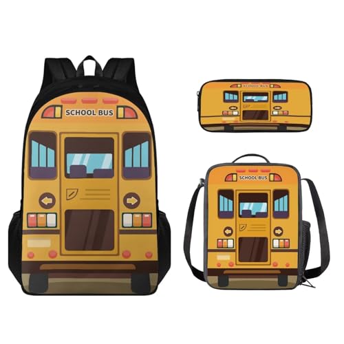 STUOARTE 3-teiliges Kinder-Rucksack-Set, leichtes Büchertaschen-Set mit Lunchbox, Federmäppchen, Jungen und Mädchen, Schulrucksack, Schulbus, Gelb, Einheitsgröße, Kinderrucksack von STUOARTE