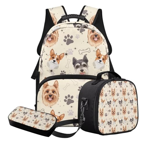 STUOARTE 3-teiliges Kinder-Schulranzen-Set für Jungen und Mädchen, leichtes Schulrucksack-Set mit Lunchbox und Federmäppchen, Beige - Corgi Schnauzer Pfote, Schulranzen-Set von STUOARTE