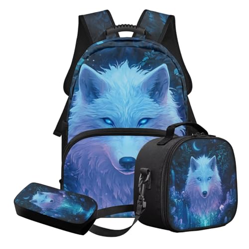 STUOARTE 3-teiliges Kinder-Schulranzen-Set für Jungen und Mädchen, leichtes Schulrucksack-Set mit Lunchbox und Federmäppchen, Blau - Wolf, Schulranzen-Set von STUOARTE