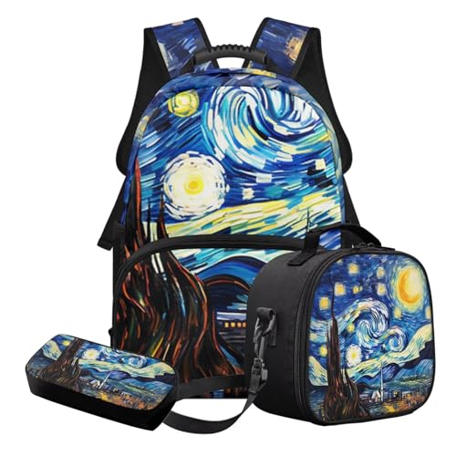 STUOARTE 3-teiliges Kinder-Schulranzen-Set für Jungen und Mädchen, leichtes Schulrucksack-Set mit Lunchbox und Federmäppchen, Blau und Gelb – Galaxie, Schulranzen-Set von STUOARTE