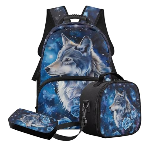 STUOARTE 3-teiliges Kinder-Schulranzen-Set für Jungen und Mädchen, leichtes Schulrucksack-Set mit Lunchbox und Federmäppchen, Blau und Weiß - Galaxy Wolf, Schulranzen-Set von STUOARTE