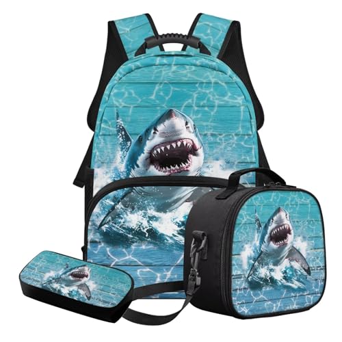 STUOARTE 3-teiliges Kinder-Schulranzen-Set für Jungen und Mädchen, leichtes Schulrucksack-Set mit Lunchbox und Federmäppchen, Blau und Weiß – Hai, Schulranzen-Set von STUOARTE