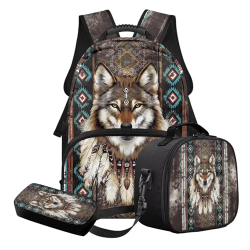 STUOARTE 3-teiliges Kinder-Schulranzen-Set für Jungen und Mädchen, leichtes Schulrucksack-Set mit Lunchbox und Federmäppchen, Braun und Grün – Wolf Azteken, Schulranzen-Set von STUOARTE