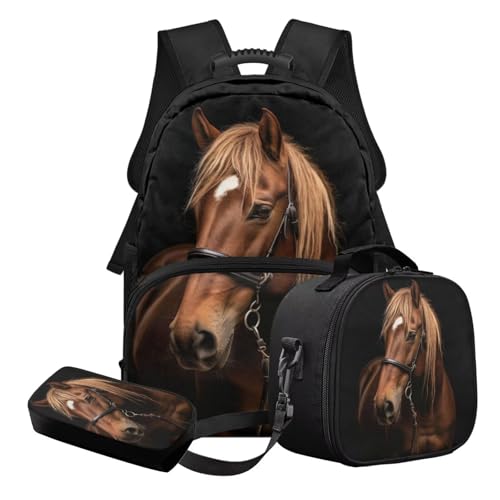 STUOARTE 3-teiliges Kinder-Schulranzen-Set für Jungen und Mädchen, leichtes Schulrucksack-Set mit Lunchbox und Federmäppchen, Braun und Schwarz – Pferd, Schulranzen-Set von STUOARTE