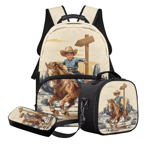 STUOARTE 3-teiliges Kinder-Schulranzen-Set für Jungen und Mädchen, leichtes Schulrucksack-Set mit Lunchbox und Federmäppchen, Gelb und Braun – Pferd, Schulranzen-Set von STUOARTE