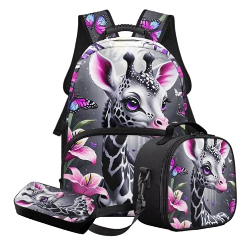 STUOARTE 3-teiliges Kinder-Schulranzen-Set für Jungen und Mädchen, leichtes Schulrucksack-Set mit Lunchbox und Federmäppchen, Grau und Rosa – Giraffenblüte, Schulranzen-Set von STUOARTE