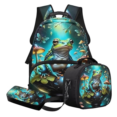STUOARTE 3-teiliges Kinder-Schulranzen-Set für Jungen und Mädchen, leichtes Schulrucksack-Set mit Lunchbox und Federmäppchen, Grün – Frosch Pilz Schmetterling, Schulranzen-Set von STUOARTE
