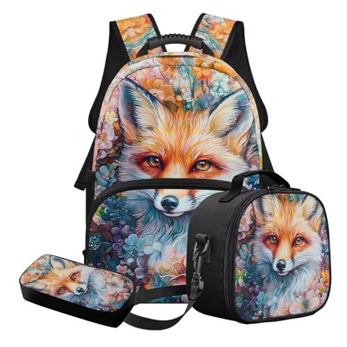 STUOARTE 3-teiliges Kinder-Schulranzen-Set für Jungen und Mädchen, leichtes Schulrucksack-Set mit Lunchbox und Federmäppchen, Orange und Blau – Fuchsblume, Schulranzen-Set von STUOARTE