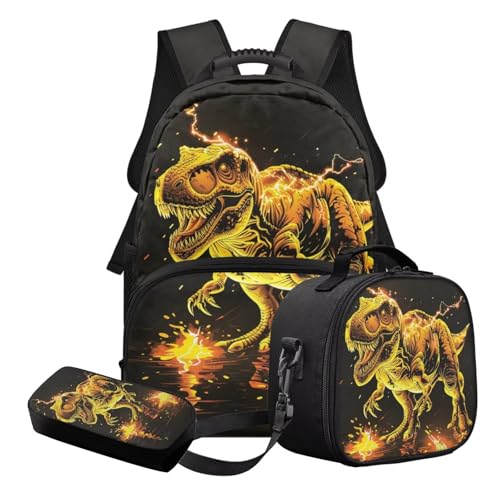 STUOARTE 3-teiliges Kinder-Schulranzen-Set für Jungen und Mädchen, leichtes Schulrucksack-Set mit Lunchbox und Federmäppchen, Schwarz und Gelb – Dinosaurier, Schulranzen-Set von STUOARTE