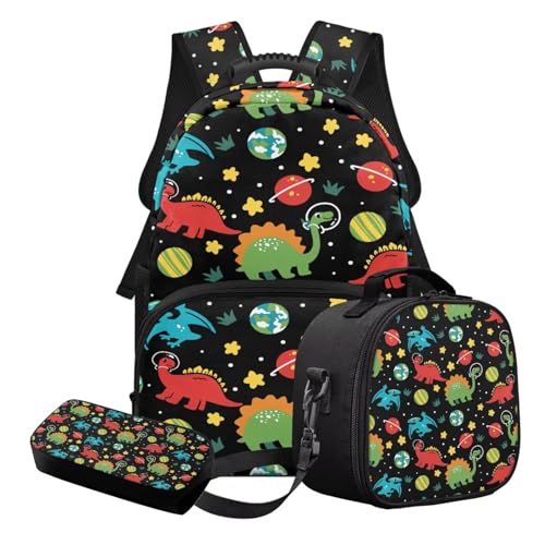 STUOARTE 3-teiliges Kinder-Schulranzen-Set für Jungen und Mädchen, leichtes Schulrucksack-Set mit Lunchbox und Federmäppchen, Schwarz und Grün – Dinosaurier-Planet, Schulranzen-Set von STUOARTE