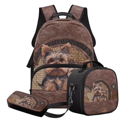 STUOARTE 3-teiliges Kinder-Schultaschen-Set mit Federmäppchen und Lunchbox, leichtes Schulbüchertaschen-Set für Kinder, Teenager, Mädchen, Braun - Yorkshire Terrier, Schulranzen-Set von STUOARTE