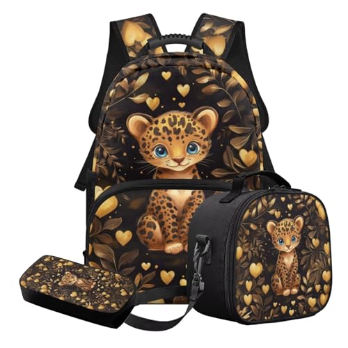 STUOARTE 3-teiliges Kinder-Schultaschen-Set mit Federmäppchen und Lunchbox, leichtes Schulbüchertaschen-Set für Kinder, Teenager, Mädchen, Gelb und Schwarz – Leopardenherz, Schulranzen-Set von STUOARTE