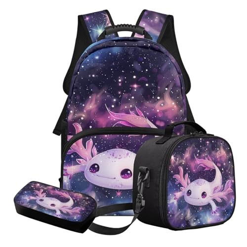 STUOARTE 3-teiliges Kinder-Schultaschen-Set mit Federmäppchen und Lunchbox, leichtes Schulbüchertaschen-Set für Kinder, Teenager, Mädchen, Rosa und Blau - Galaxy Axolotl, Schulranzen-Set von STUOARTE