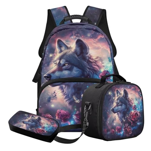 STUOARTE 3-teiliges Kinder-Schultaschen-Set mit Federmäppchen und Lunchbox, leichtes Schulbüchertaschen-Set für Kinder, Teenager, Mädchen, Schwarz und Rosa – Wolfsblume, Schulranzen-Set von STUOARTE