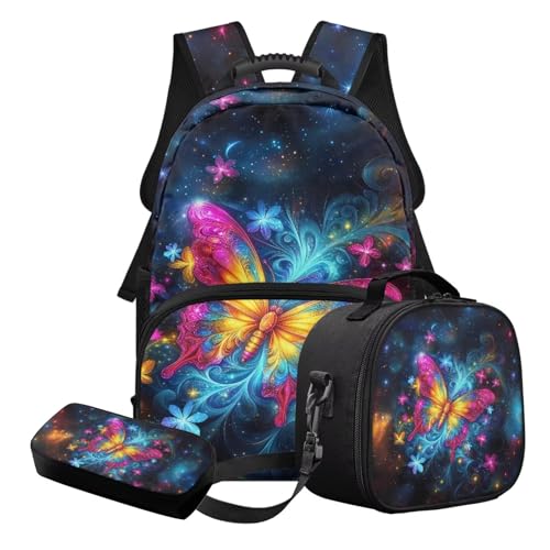 STUOARTE 3-teiliges Kinder-Schultaschen-Set mit Lunchbox und Federmäppchen, leichtes Schulrucksack-Set für Grundschüler und Mittelschüler, Blau und Gelb – Schmetterlingsblume, Schulranzen-Set von STUOARTE