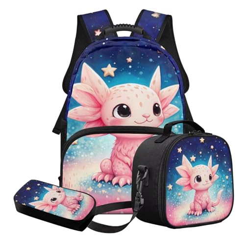 STUOARTE 3-teiliges Kinder-Schultaschen-Set mit Lunchbox und Federmäppchen, leichtes Schulrucksack-Set für Grundschüler und Mittelschüler, Blau und Rosa - Axolotl, Schulranzen-Set von STUOARTE