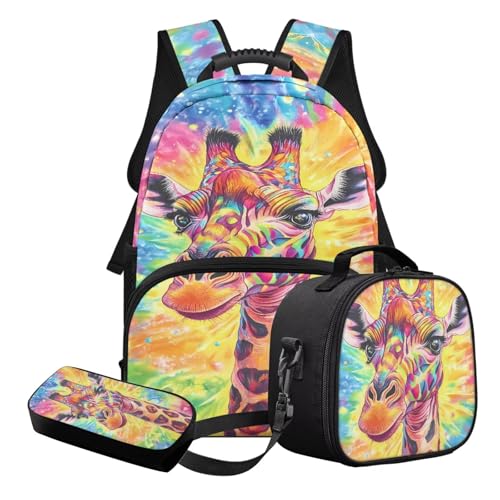 STUOARTE 3-teiliges Kinder-Schultaschen-Set mit Lunchbox und Federmäppchen, leichtes Schulrucksack-Set für Grundschüler und Mittelschüler, Gelb und Blau – Giraffe, Schulranzen-Set von STUOARTE