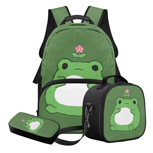 STUOARTE 3-teiliges Kinder-Schultaschen-Set mit Lunchbox und Federmäppchen, leichtes Schulrucksack-Set für Grundschüler und Mittelschüler, Grün und Weiß – Cartoon-Froschblume, Schulranzen-Set von STUOARTE