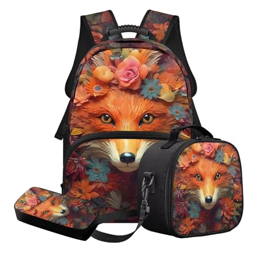 STUOARTE 3-teiliges Kinder-Schultaschen-Set mit Lunchbox und Federmäppchen, leichtes Schulrucksack-Set für Grundschüler und Mittelschüler, Orange - Fuchsblume, Schulranzen-Set von STUOARTE