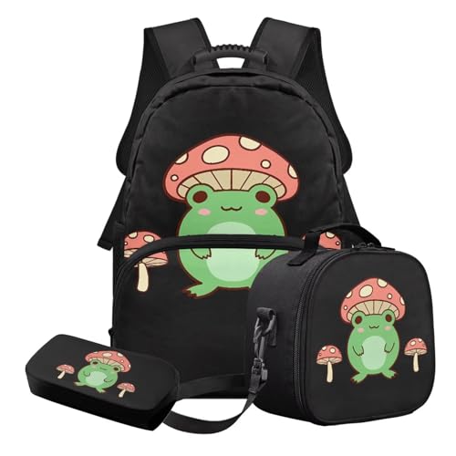 STUOARTE 3-teiliges Kinder-Schultaschen-Set mit Lunchbox und Federmäppchen, leichtes Schulrucksack-Set für Grundschüler und Mittelschüler, Schwarz und Grün – Froschpilz, Schulranzen-Set von STUOARTE
