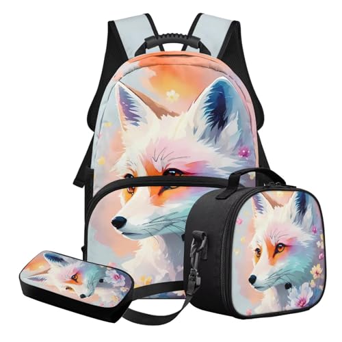 STUOARTE 3-teiliges Kinder-Schultaschen-Set mit Lunchbox und Federmäppchen, leichtes Schulrucksack-Set für Grundschüler und Mittelschüler, Weiß und Orange – Fuchs, Schulranzen-Set von STUOARTE